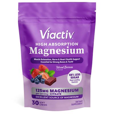 Viactiv Magnesium Chews, High Absorption Magnesium Citrate, Mixed Berries Flavor with Less Sugar Than Leading Magnesium Gummies, 30ct, 1pc Serving