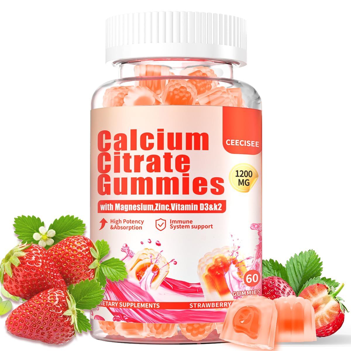 Calcium Citrate Gummies 1200mg for Adults: Ultimate Absorption Calcium Magnesium D3 K2 Supplement for Women Men - Supports B0ne Strength, Immune(60Count)