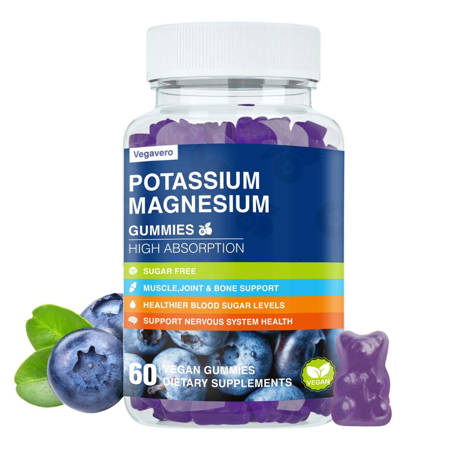 Magnesium Potassium Supplement Gummies - New Formula Calm Magnesium Glycinate Gummies Potassium Citrate Plus Omega 3, B6, D3, K2 Calcium for Zzz, Leg Cramps Muscle - 60 Blueberry Gummies