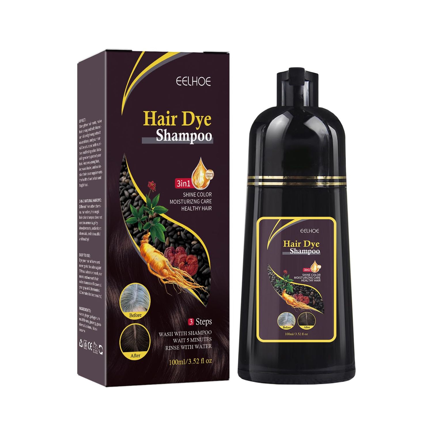 3-in-1 Magic Brown Hair Dye Shampoo for Women, Instant Natural Hair Color, Nourishing Long-Lasting Gray Coverage, 100ml (Brown)