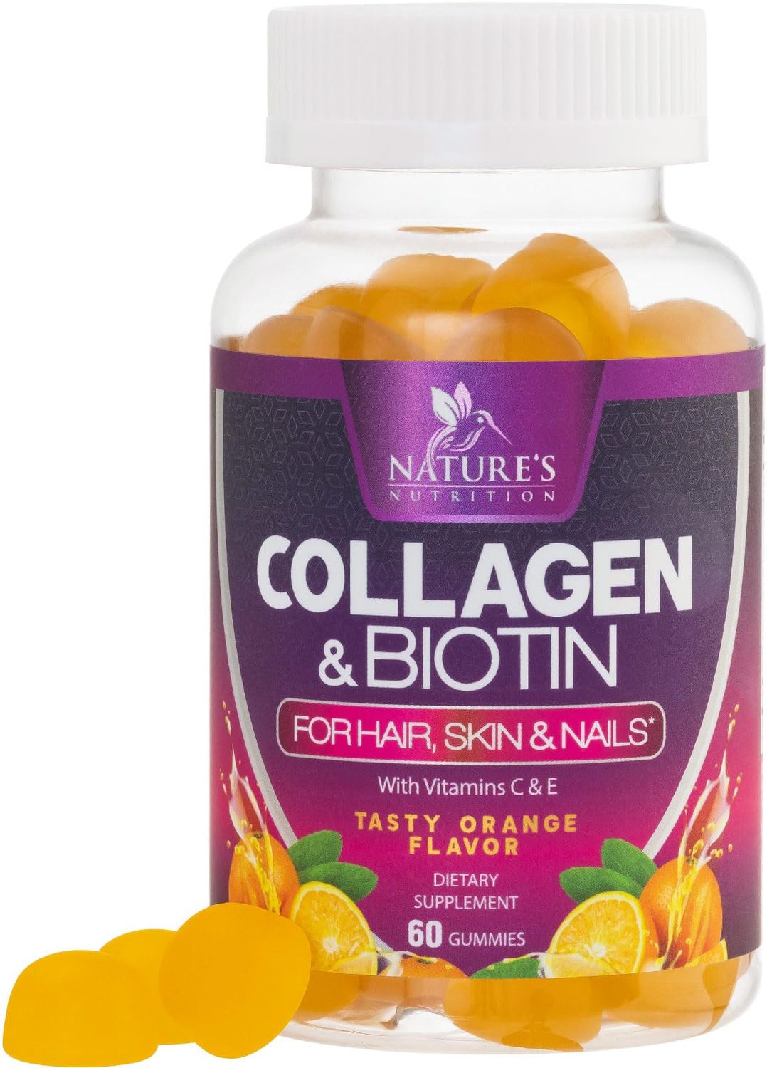 Collagen Gummies with 2500mcg Biotin, Vitamin C Zinc - Hydrolyzed Collagen Peptide Type 1 3 Supplement - Advanced Hair, Skin Nail Growth Support for Women Men, Gluten Free, Non-GMO - 60 Count