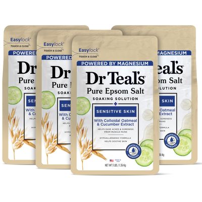 Dr Teal&#39;s Epsom Salt Magnesium Soak, Sensitive Skin with Colloidal Oatmeal Cucumber, 3 lbs (Pack of 4)