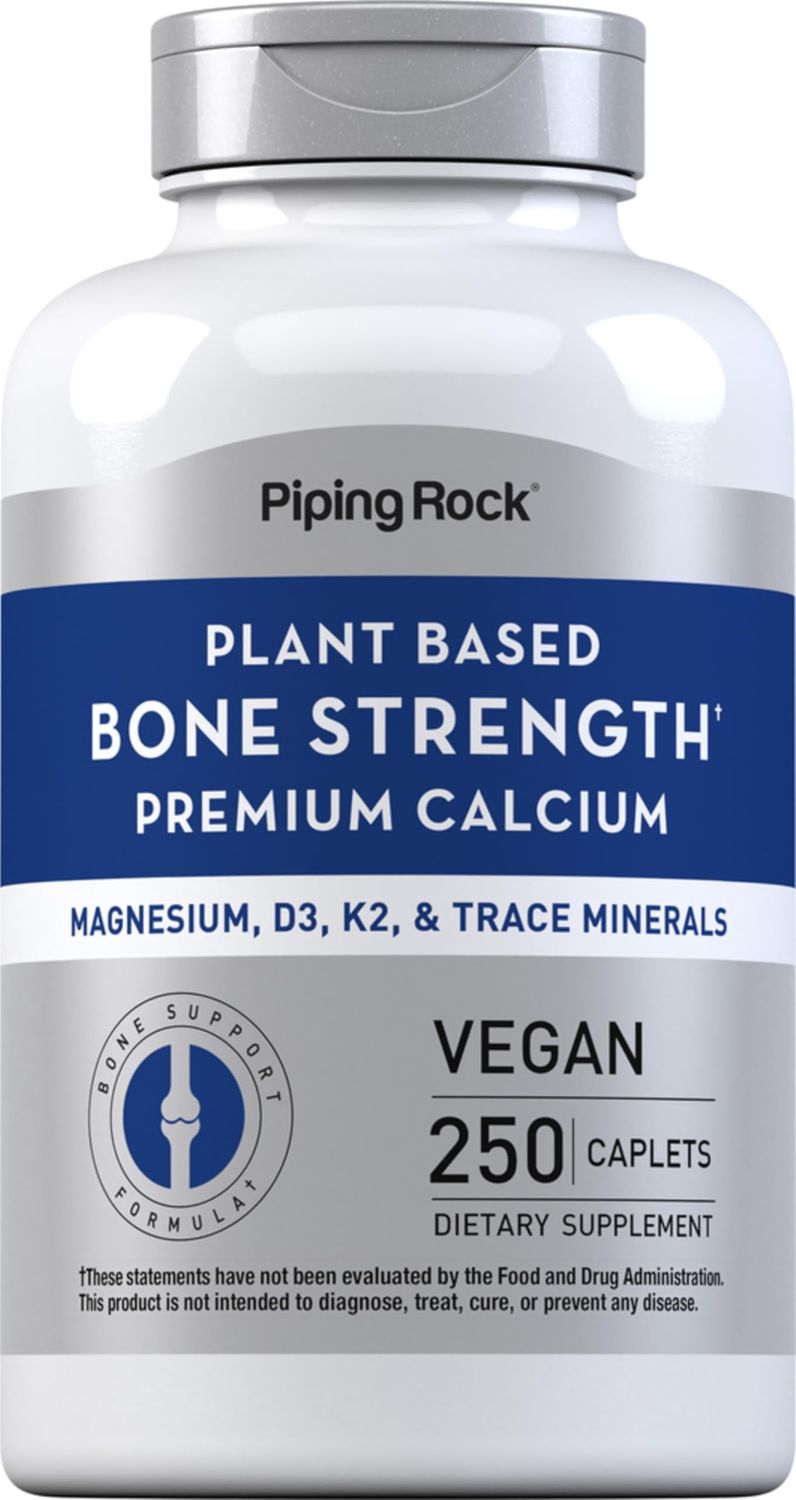 Piping Rock Bone Strength Supplement for Women and Men 250 Caplets Premium Calcium Plant Based Complex with Vitamin D3, K2, Magnesium, and Minerals Vegan, Non-GMO, Gluten Free