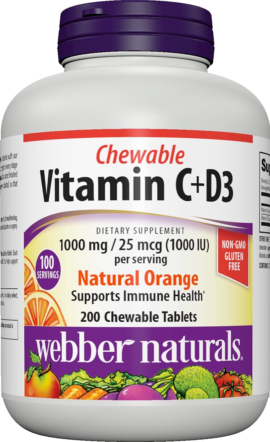 Webber Naturals Vitamin CD3, 200 Chewable Orange Tablets, 1,000 mg of Vitamin C with 1,000 IU of Vitamin D3 Per Serving, Bones, Teeth, Immune and Antioxidant Support, Non GMO, Dairy Gluten Free