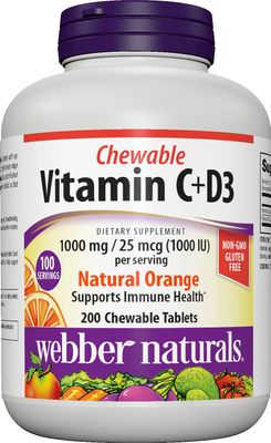 Webber Naturals Vitamin CD3, 200 Chewable Orange Tablets, 1,000 mg of Vitamin C with 1,000 IU of Vitamin D3 Per Serving, Bones, Teeth, Immune and Antioxidant Support, Non GMO, Dairy Gluten Free