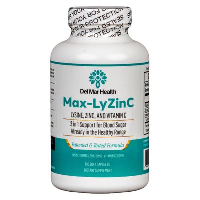 Del Mar Health Max-LyZinC: L-Lysine 1100mg Zinc 6 mg Vitamin C 100 mg - 3-in-1 Supplement for Maintaining Blood Sugar Already in The Healthy Range - 180 Capsules 30-Day Supply