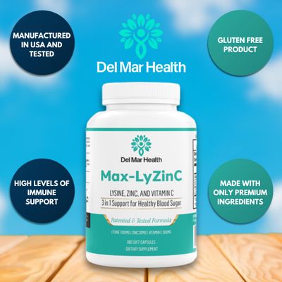 Del Mar Health Max-LyZinC: L-Lysine 1100mg Zinc 6 mg Vitamin C 100 mg - 3-in-1 Supplement for Maintaining Blood Sugar Already in The Healthy Range - 180 Capsules 30-Day Supply