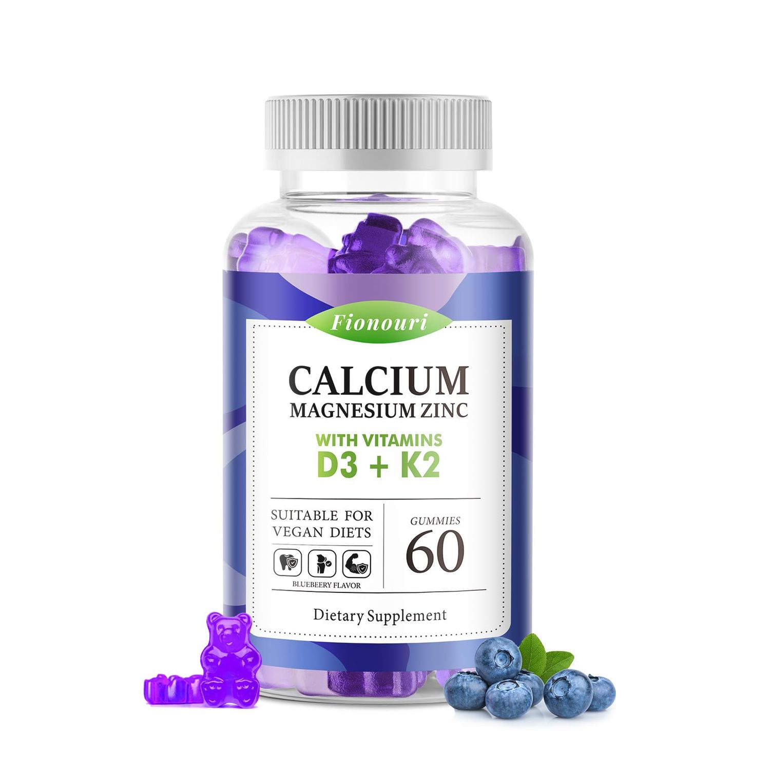 Calcium Magnesium Zinc Gummies with Vitamin D3 K2 - High Potency Enhanced Absorption -60 Blueberry Gummies Flavored