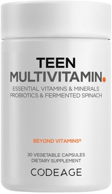 Codeage Teen Multivitamin - Vitamins A, C, D3, B6, B12, Folate, Zinc, Magnesium, Iron, Probiotics, Fermented Spinach - Multivitamins for Teenage Boys and Girls - Non-GMO, Gluten-Free - 30 Capsules