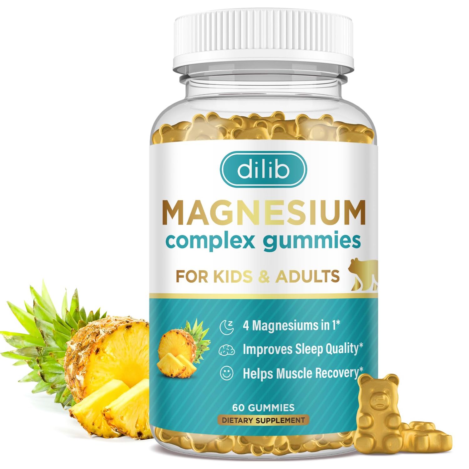 Magnesium Complex Gummies- Calm Chewable Gummies for Kids Adults- Magnesium Glycinate, Taurate, Citrate, Malate, Supplement-Support Calm Stress Relief, Bone, Muscle, Mood Vegan, 60 Gummies