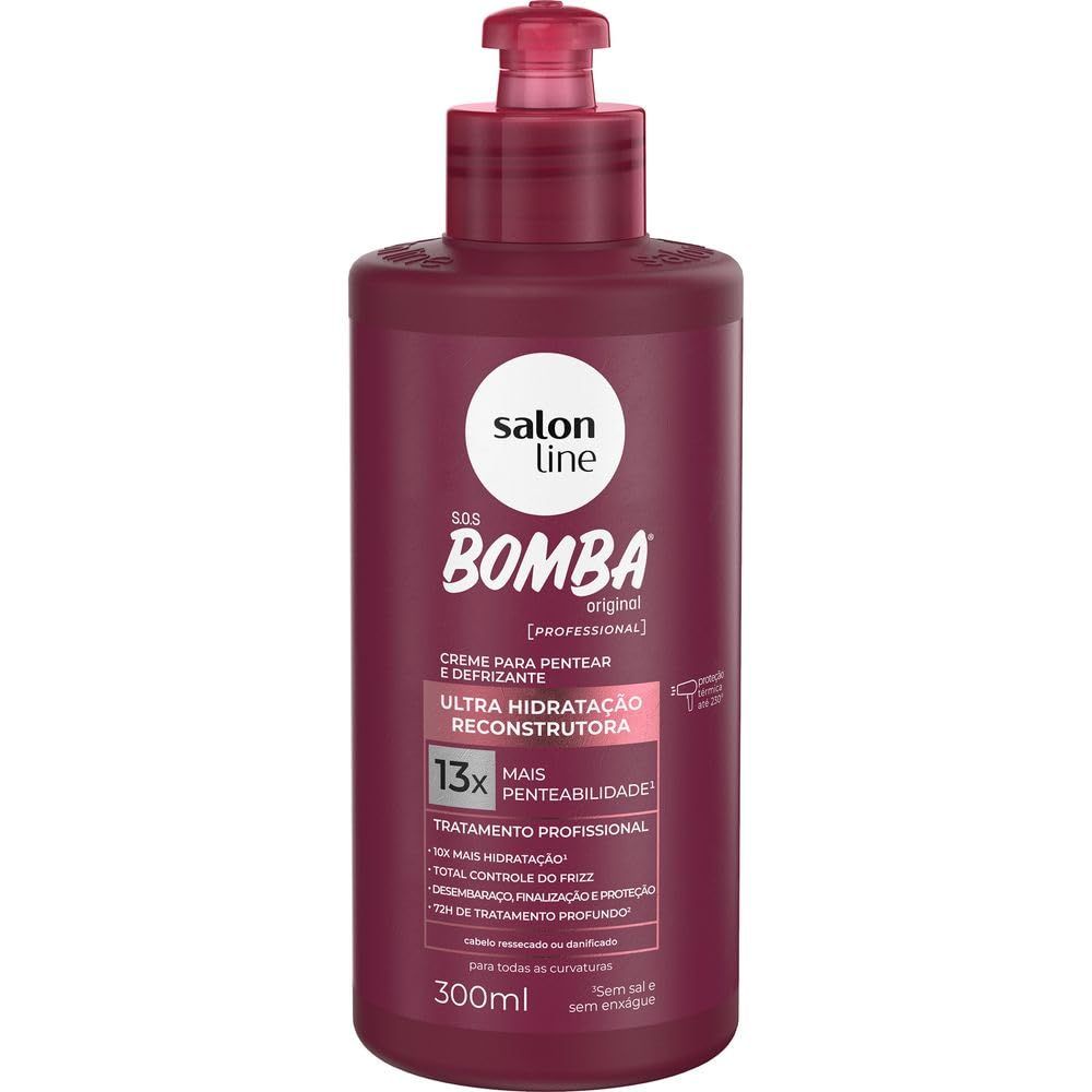 Salon Line - Linha SOS Bomba (Ultra Hidratacao Reconstrutora) - Creme para Pentear e Defrizante 300 Ml - (SOS Bomb (Ultra Reconstruction Moisturizing) - Defrizz Combing Cream 10.14 Fl Oz)