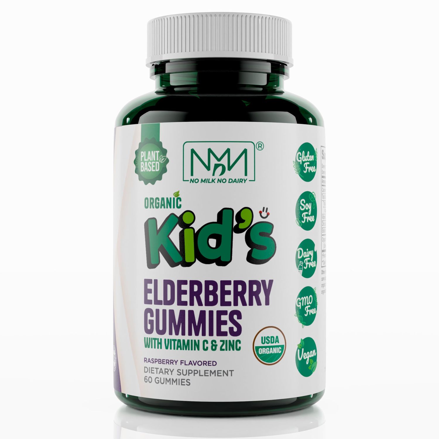 No Milk No Dairy Organic Kids Elderberry Gummies with Zinc and Vitamin C Immune Boosting Sambucus Elderberry Rich in Antioxidants Plant Based, Gluten Free, 60 Vegan Gummies