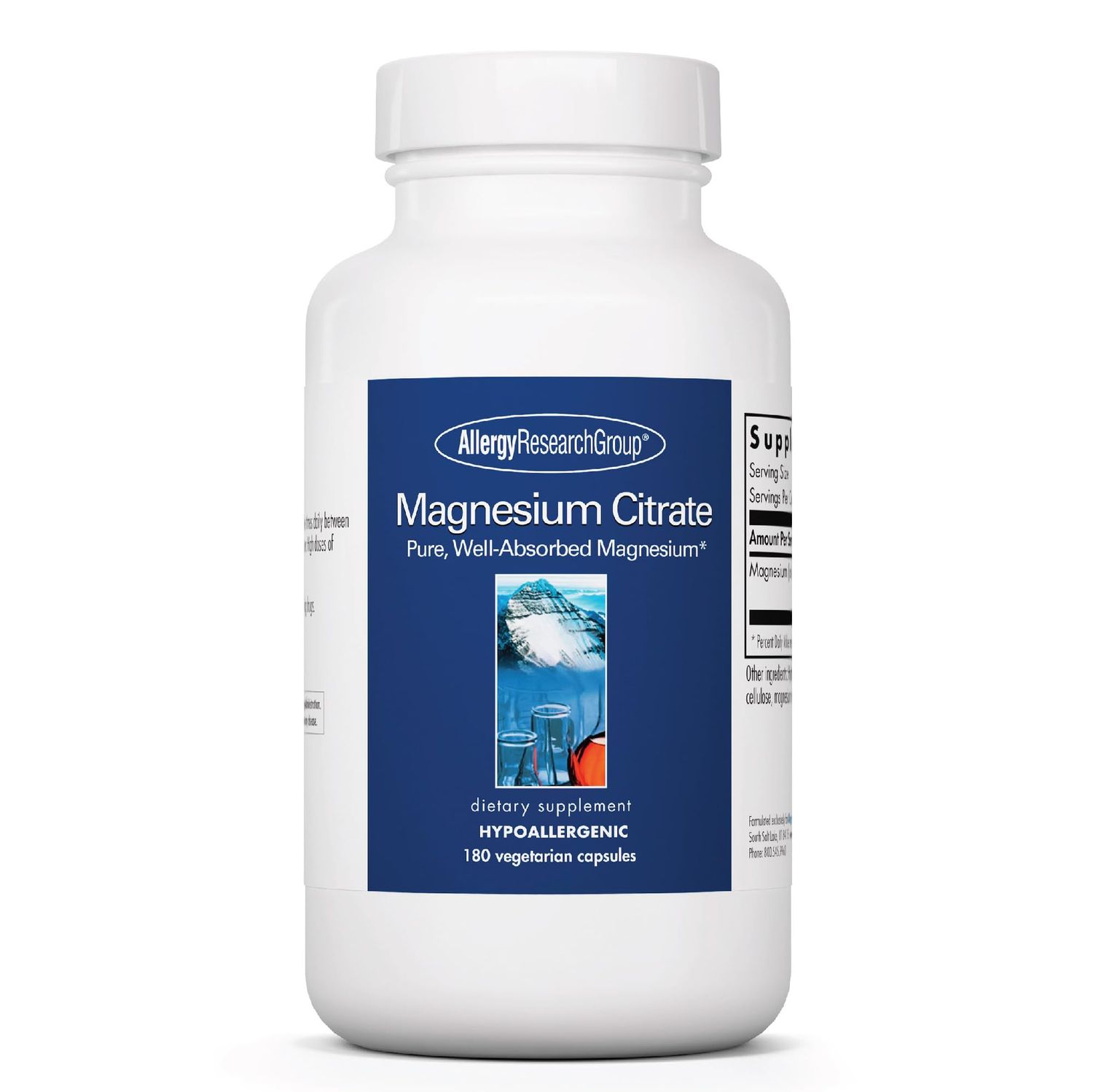 Allergy Research Group Magnesium Citrate Dietary Supplement - Bone Stress Support, Well-Absorbed, Hypoallergenic, Vegetarian Capsules, Gluten Free - 180 Count