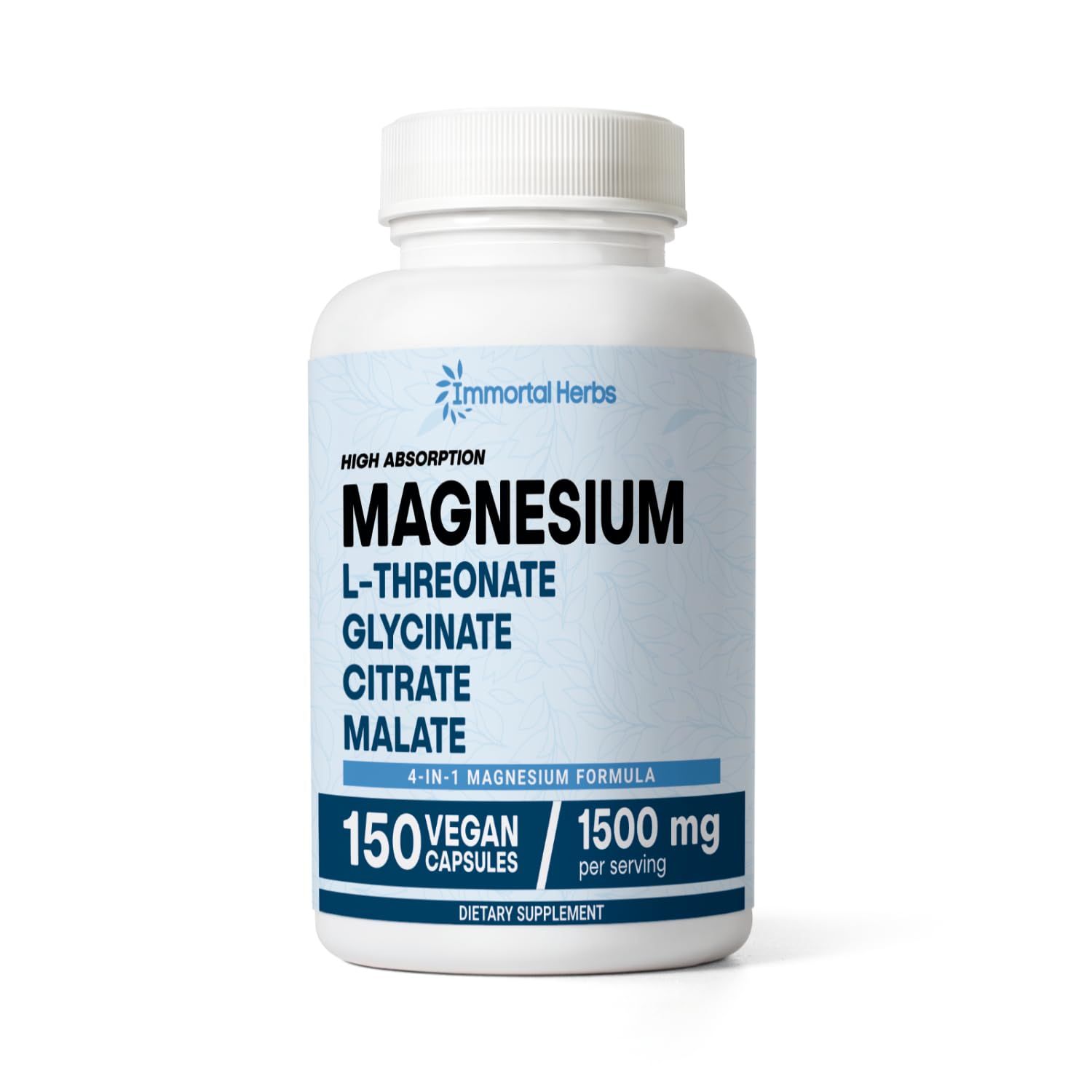 Immortal Herbs Magnesium L-Threonate, Citrate, Malate Glycinate, 150 Chelated Pills, High Absorption Magnesium Supplement for Women and Men, Extra Strength Complex Capsules, Non-GMO Gluten Free