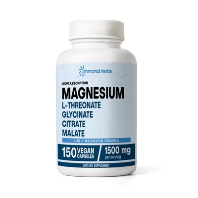 Immortal Herbs Magnesium L-Threonate, Citrate, Malate Glycinate, 150 Chelated Pills, High Absorption Magnesium Supplement for Women and Men, Extra Strength Complex Capsules, Non-GMO Gluten Free