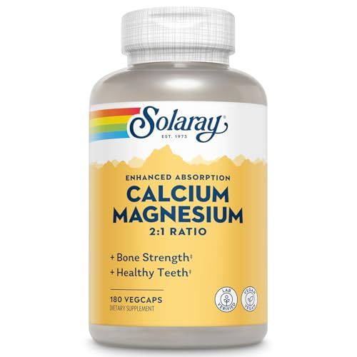 SOLARAY Calcium Magnesium Supplement, Magnesium Calcium Supplements for Women and Men, 2:1 Ratio, Bone Health Strength, Vegan, High Absorption, 60-Day Guarantee, 45 Servings, 180 VegCaps
