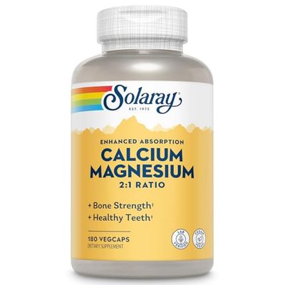 SOLARAY Calcium Magnesium Supplement, Magnesium Calcium Supplements for Women and Men, 2:1 Ratio, Bone Health Strength, Vegan, High Absorption, 60-Day Guarantee, 45 Servings, 180 VegCaps