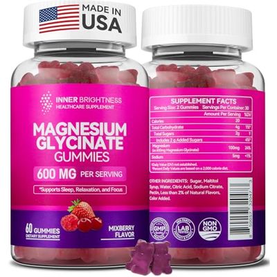 Magnesium Glycinate Gummies 600mg, Non-GMO, Gluten-Free, Magnesium Gummies for Adults Kids, Sleep, Relaxation Focus, Mixed Berry Flavor, 60 Count