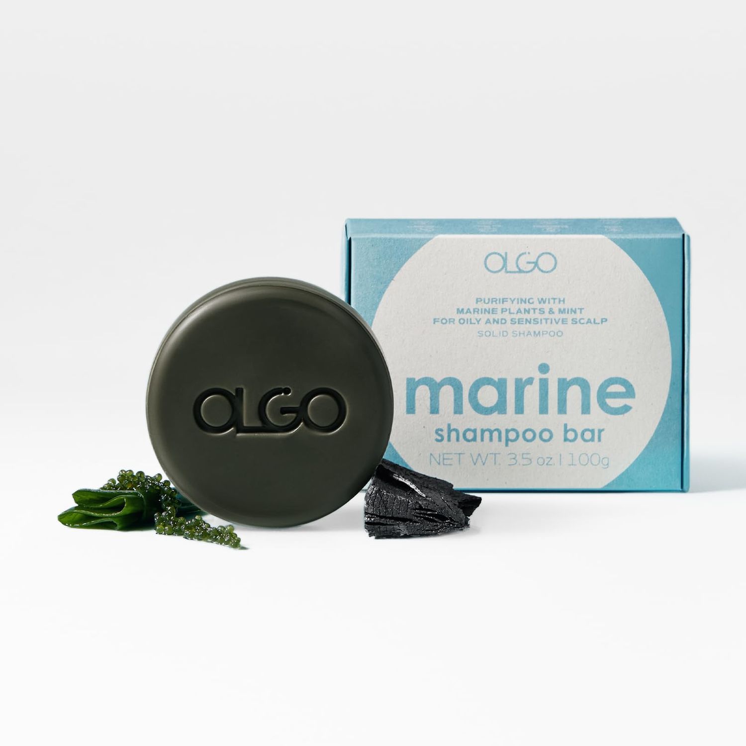 OLGO Marine Shampoo Bar 3.5 oz Soap-free solid shampoo bar for scalp with cooling Kelp, sea grape, charcoal with Biotin Sustainable clean- no sulfates, no parabens, no phthalates