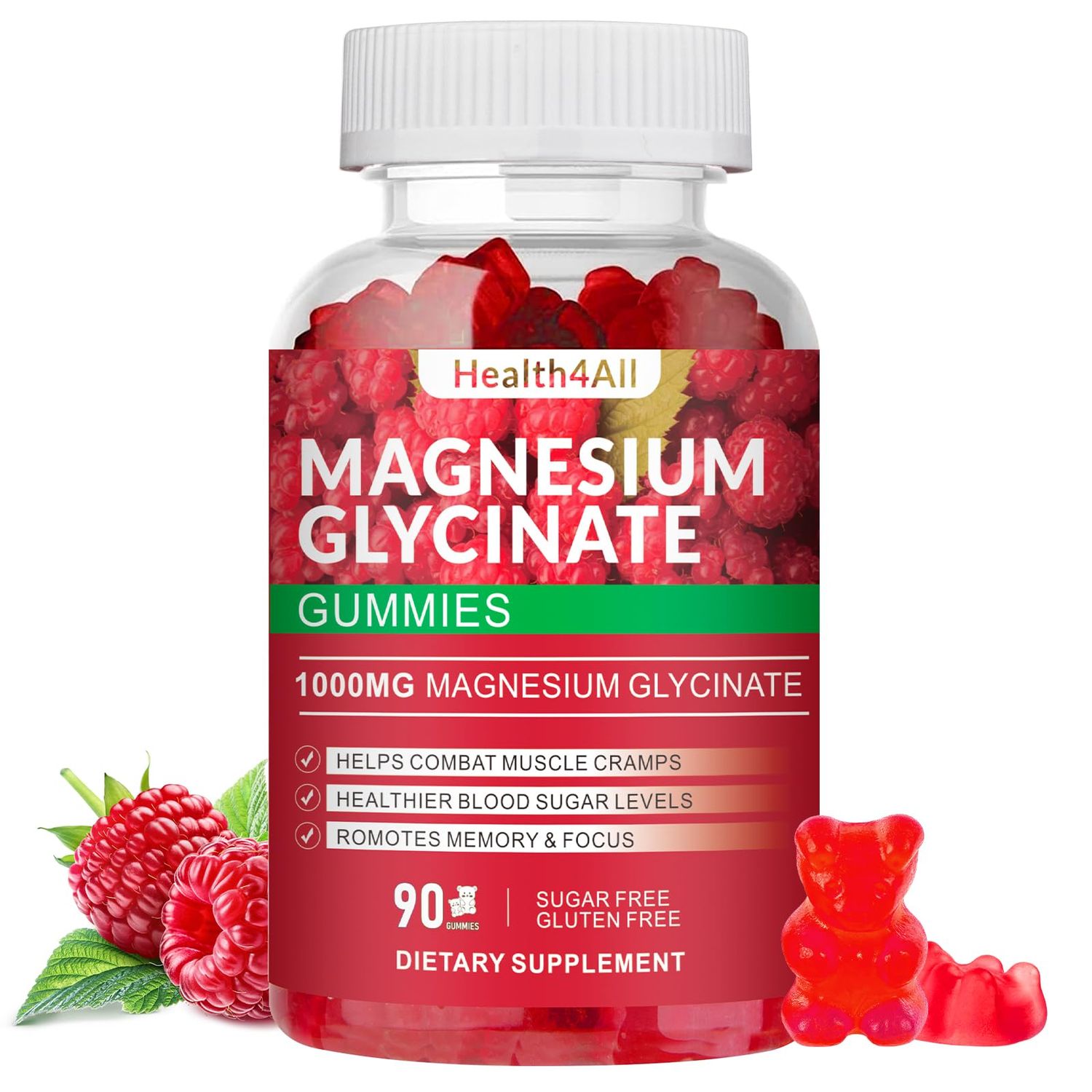Magnesium Glycinate Gummies 1000mg, High Absorption Sugar Free Magnesium Potassium Supplement for Relaxation, Stress Relief, and Sleep Support for Adults Kids - 90 Raspberry Gummies