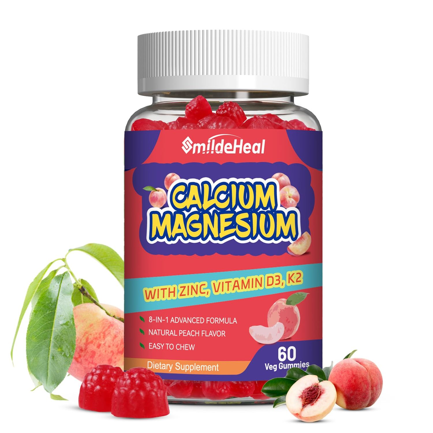 Calcium Magnesium Gummies 600MG, Calcium Magnesium Zinc Gummies with Vitamin D3 - High Absorption Complex Calcium Supplement, Vegan, 60 Counts
