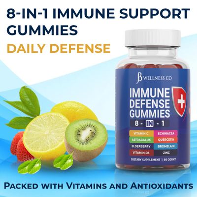 JB Wellness Co 8 in 1 Immune Defense Booster Supplement Gummies with Astragalus Root, Vitamin C and Zinc, Vitamin D3, Elderberry and Quercetin (2 Pack)