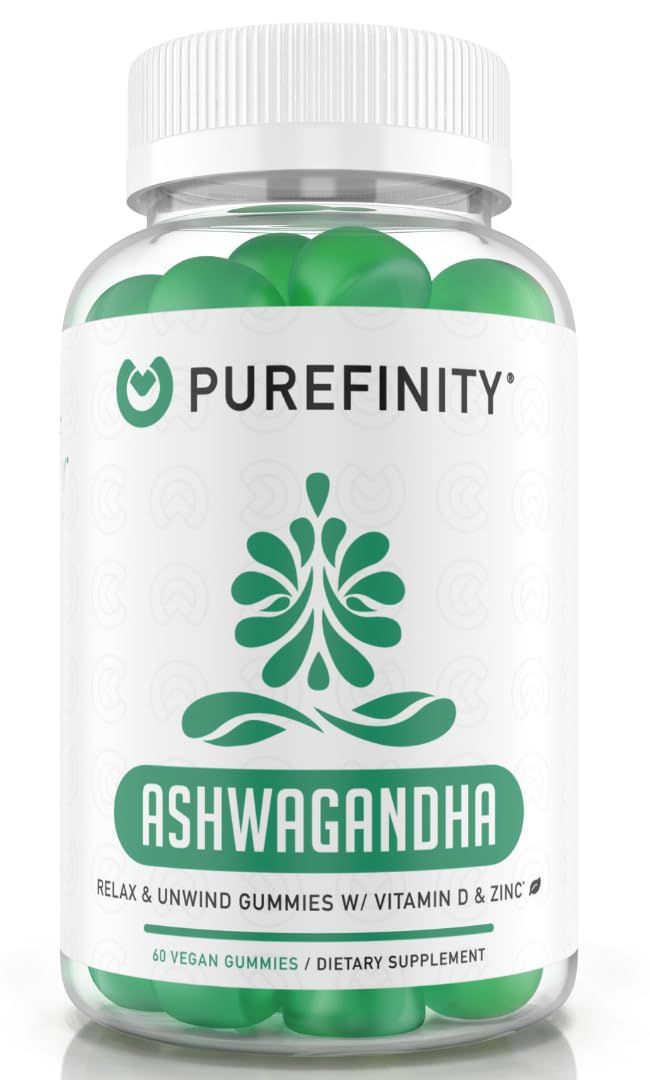 PUREFINITY Ashwagandha Gummies with Vitamin D Zinc - Supplement for Relaxation, Calming, and Mood Support - Gluten Free, Non-GMO, Vegan, 60 Count