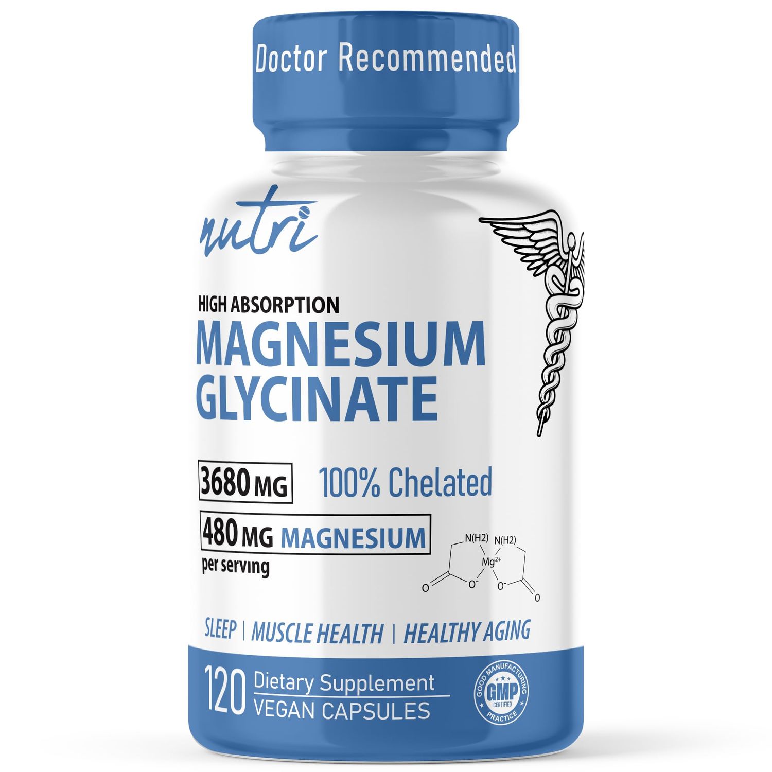 Nature&#39;s Fusions Nutri Pure Magnesium Glycinate 3680mg - (Provides 480mg Elemental Magnesium), Chelated for High Absorption, Non-Buffered for Maximum Potency, 120 Capsules