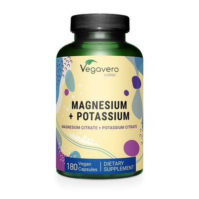 Vegavero Potassium (250 mg) Magnesium (250 mg) Citrates Highly Bioavailable Supplement Blood Pressure, Nervous System, Nerve Support Lab-Tested, NO Artificial Additives 180 Capsules Vegan