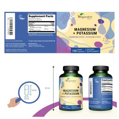 Vegavero Potassium (250 mg) Magnesium (250 mg) Citrates Highly Bioavailable Supplement Blood Pressure, Nervous System, Nerve Support Lab-Tested, NO Artificial Additives 180 Capsules Vegan