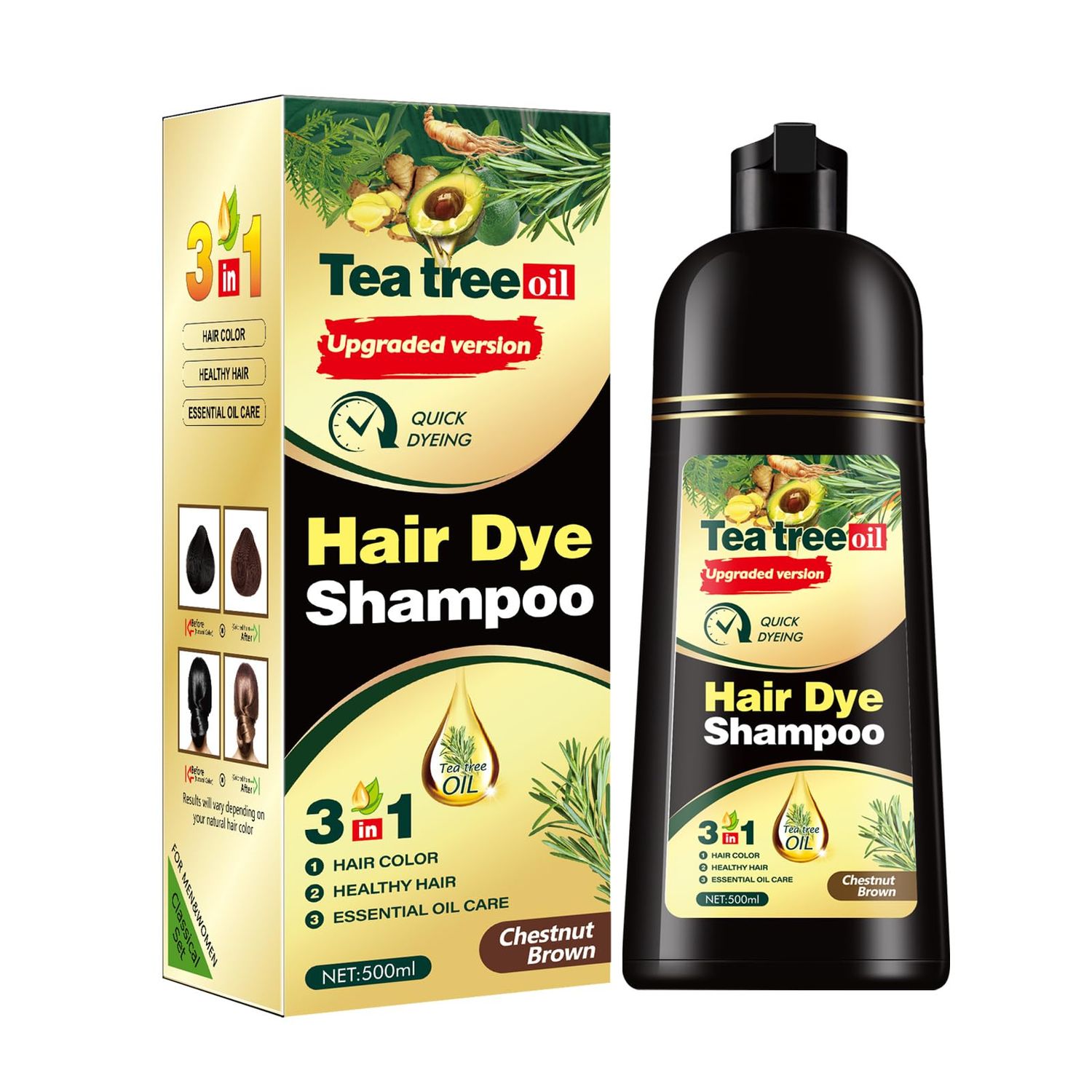 Herbal Instant Hair Color Shampoo - 100 Gray Coverage - Ammonia-Free Brown for Men and Women 3-in-1 Fast and Lasting Bubbles Hair Dye Shampoo