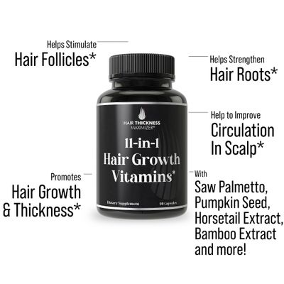 11-in-1 Vegan Hair Growth Vitamins for Thinning Brittle Hair - Advanced Vitamin Complex with 5000mcg Biotin, Pumpkin Seed, Zinc. Supports Thicker, Healthier-Looking Scalp for Women Men
