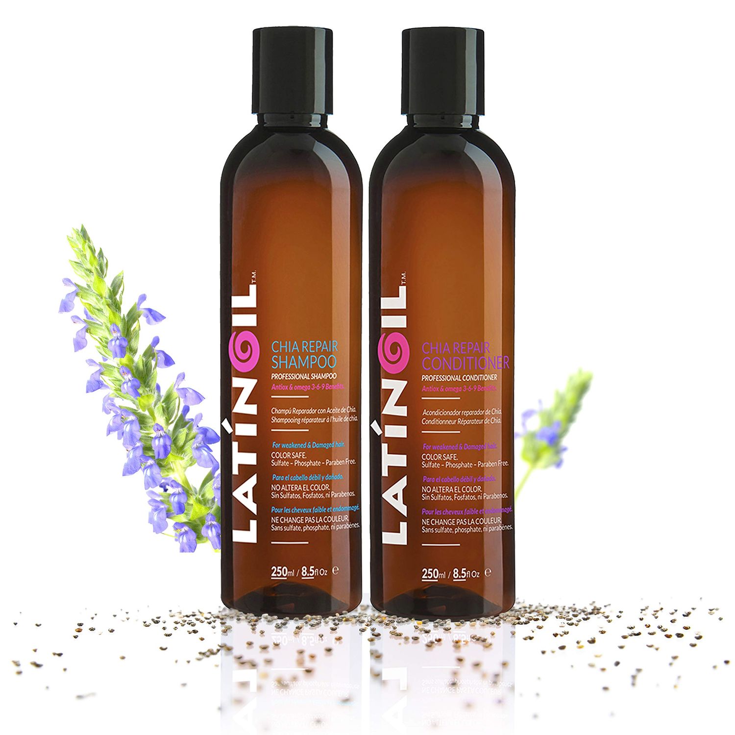 LATINOIL Chia Seeds Hair Repair Shampoo And Conditioner Sulfate Paraben Free - Very Rich Natural Treatment Product, Thicken the Hair, Safe for Color Treated, Curly, Textured Hair, 8 Oz