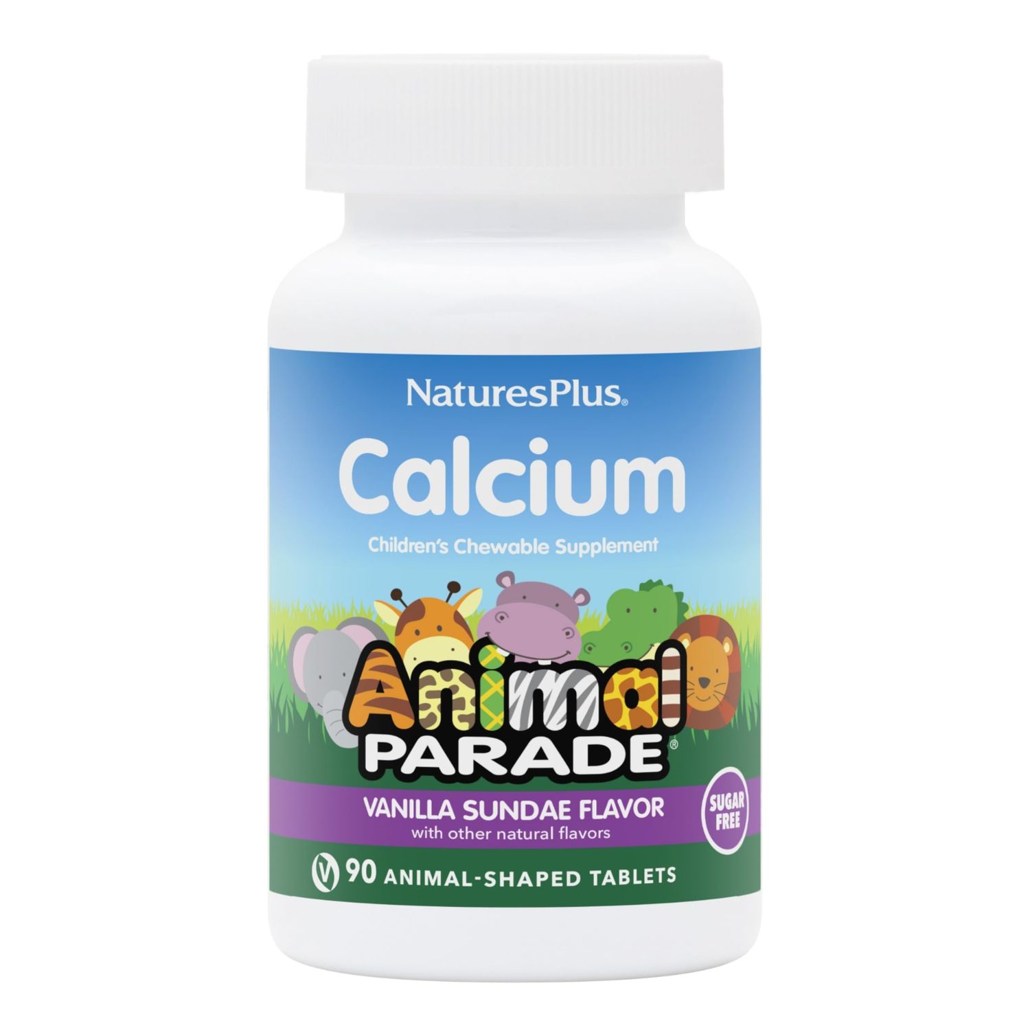 NaturesPlus Animal Parade Sugar-Free Children&#39;s Calcium, Vanilla Sundae Flavor - 90 Chewable Animal Shaped Tablets - Magnesium for Bone Health - Gluten Free - 45 Servings