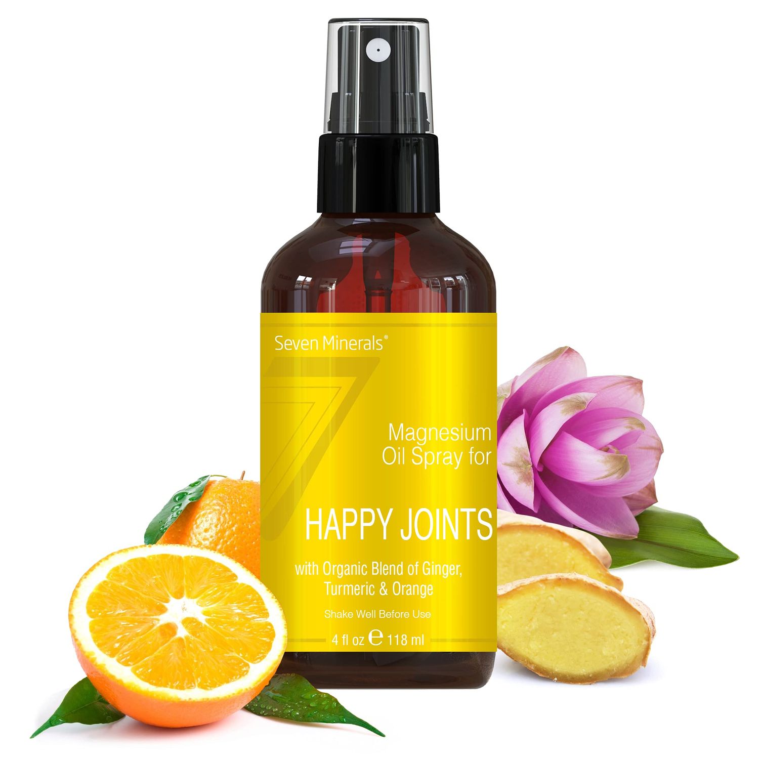 Seven Minerals, Magnesium Happy Joints Spray - Powerful USA Made Magnesium Oil Blend with Essential Oils (Turmeric, Ginger and Orange) - Free Ebook Included (4 fl oz)