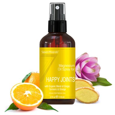 Seven Minerals, Magnesium Happy Joints Spray - Powerful USA Made Magnesium Oil Blend with Essential Oils (Turmeric, Ginger and Orange) - Free Ebook Included (4 fl oz)