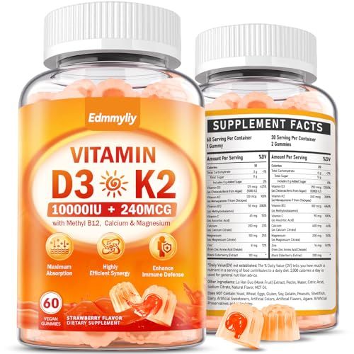 Vitamin D3 Supplement 10000IU for Adult - Vitamin D3 5000IU 10000IU Gummies with K2, Methyl B12, Calcium, Magnesium, Zinc and Elderberry for Women Men - Sugar-Free, Vegan Vitamin D Gummies