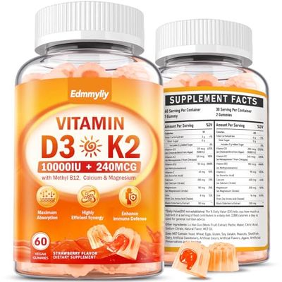 Vitamin D3 Supplement 10000IU for Adult - Vitamin D3 5000IU 10000IU Gummies with K2, Methyl B12, Calcium, Magnesium, Zinc and Elderberry for Women Men - Sugar-Free, Vegan Vitamin D Gummies