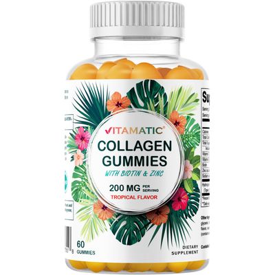Vitamatic Hydrolyzed Collagen Gummies with Vitamin C, Zinc and Biotin, 200 mg - Healthy Skin Support - 60 Gummies