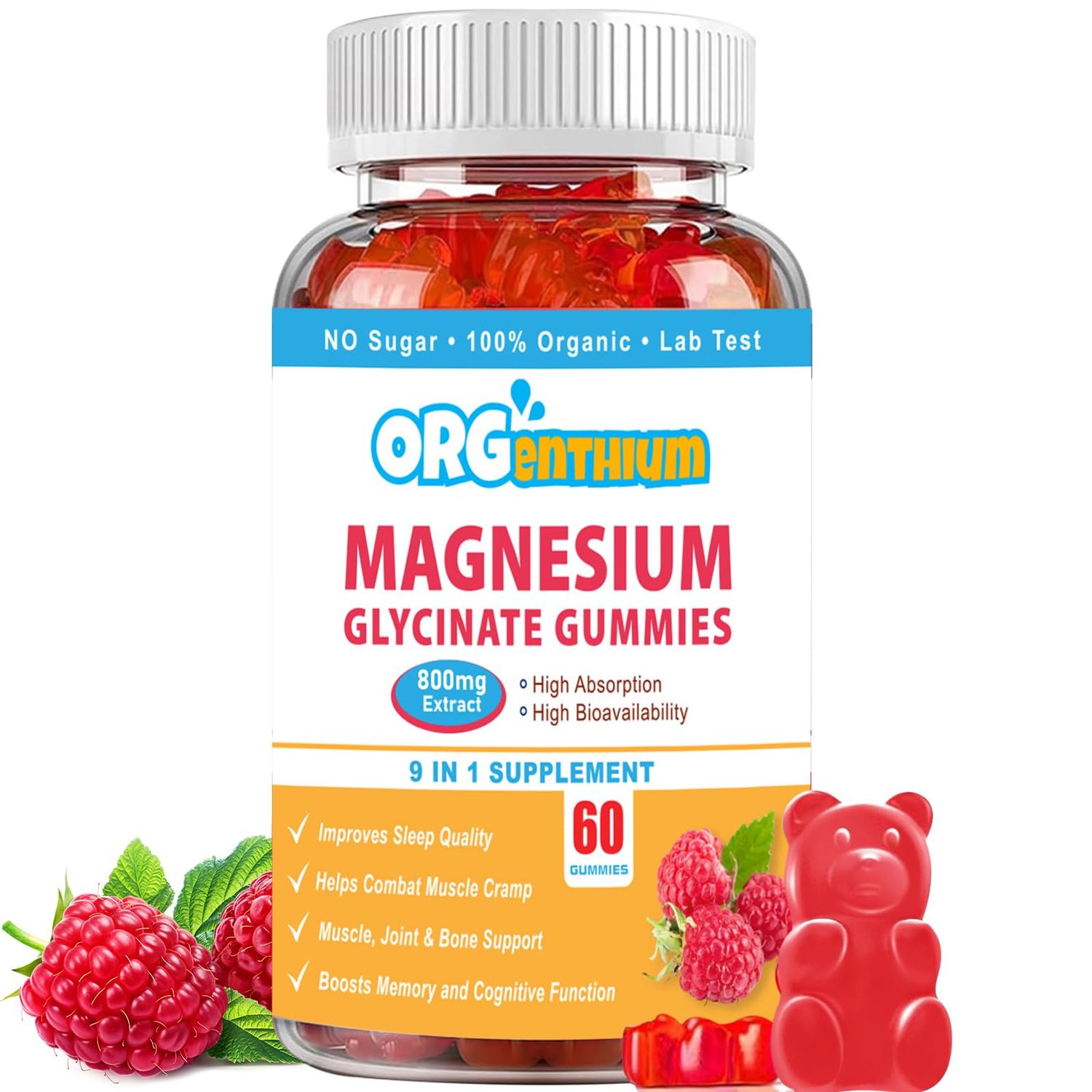 Magnesium Glycinate Gummies Sugar-Free Gluten-Free Non-GMO Vegan-Friendly Relaxation Calm Magnesium Gummies for Adults Kids 60Ct