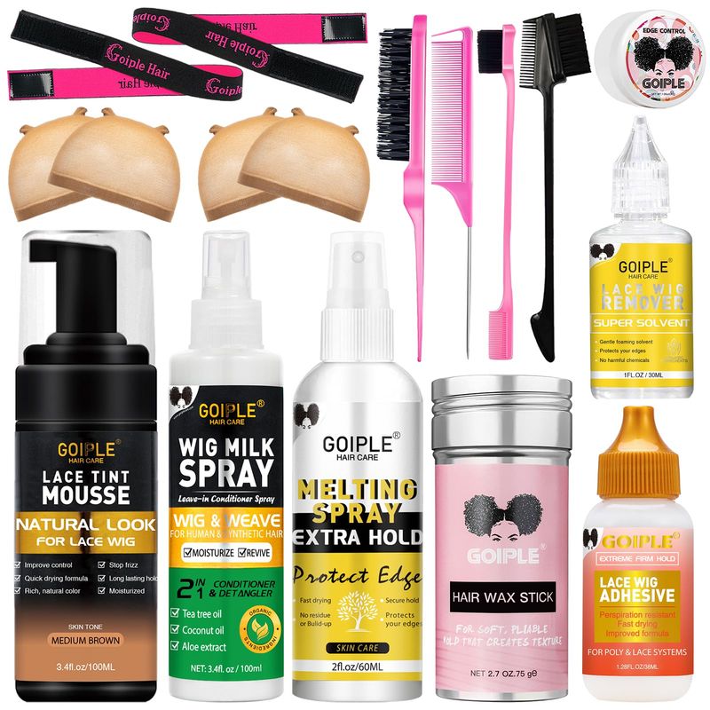 Lace Tint Mousse Wig Milk Spray for Synthetic Hair, Leave-in Conditioner Spray Conditioner Detangler Moisturizer, Wig Glue for Lace Front Wigs Strong Hold Hair Adhesive Wigs Accessory Essentials Kit