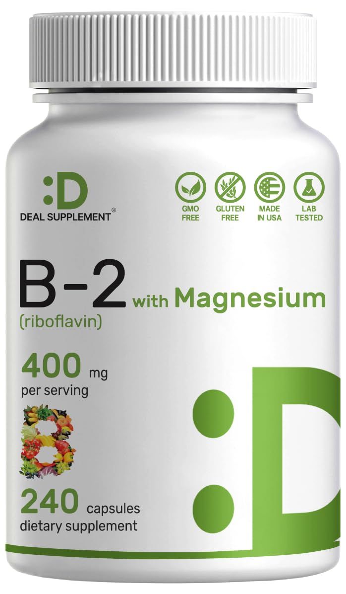 DEAL SUPPLEMENT Vitamin B2 400mg (Riboflavin) with Magnesium Glycinate 400mg, 240 Capsules - 2 in 1 Support Healthy Nervous System, Mood, Blood Energy Production, Non-GMO