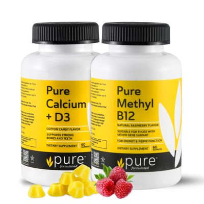Pure formulated Calcium Methyl B12 Vitamins (Cotton Candy Natural Raspberry)- Ideal Chewable Gummies for Strong Bones Nerve Function - 2 Bottles
