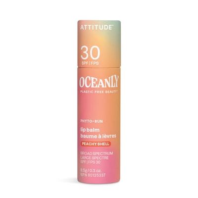 ATTITUDE Oceanly Tinted Lip Balm with SPF 30, EWG Verified, Plastic-Free, Broad Spectrum UVAUVB Protection with Zinc Oxide, Vegan, Unscented, Peachy Shell, 0.3 Ounce