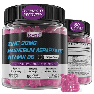 Zinc and Magnesium Supplement, Zinc Magnesium Aspartate Post Workout Gummies for Men Women, wVitamin B6, B12, D3, Turmeric for Nighttime Muscle Recovery, Boost Immunity Sleep, Sugar Free, 60Cts