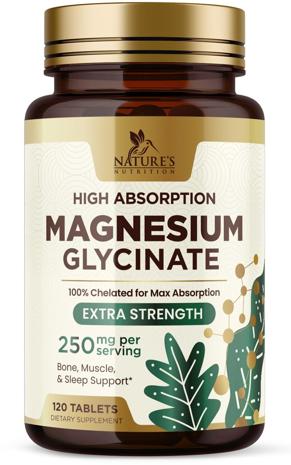 Magnesium Glycinate 250 mg, 100 Chelated Magnesium Supplement - High Absorption Magnesium for Muscle, Heart, Bone and Nerve Health Support, Nature&#39;s Gluten Free, Vegan, Non-GMO Capsules - 120 Count