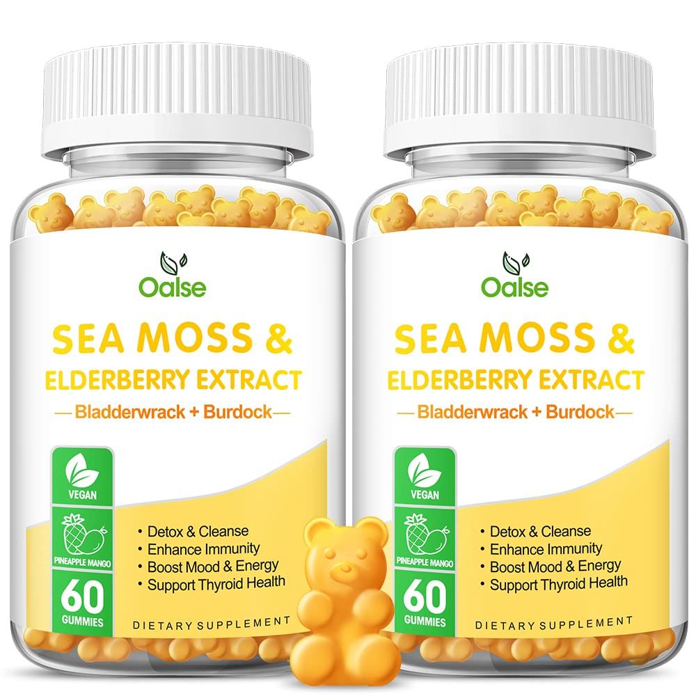 Sea Moss Gummies for Adults and Kids, 2000mg Raw Seamoss, Bladderwrack, Burdock Root, Elderberry, Pepper, Vitamin C D3, Zinc Supports Immune System Boost Energy (2-Pack)