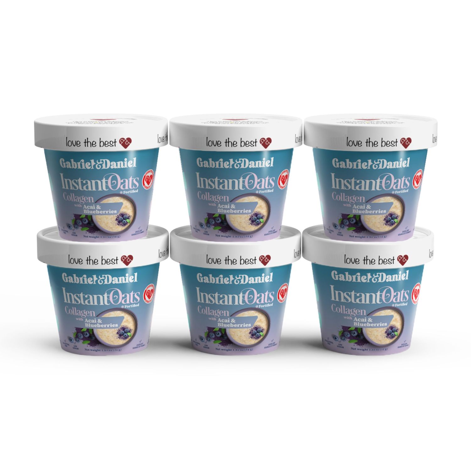 Gabriel Daniel Instant Oatmeal with Blueberries, Acai and Collagen - Organic, Non-GMO, Gluten-Free Oats - High Fiber Protein for a Nourishing Quick Breakfast (Pack of 6)