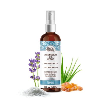 GuruNanda Magnesium Oil Spray (2 Fl Oz), Topical Magnesium Spray with Natural Essential Oils Aloe Vera, Helps with Muscle Soreness Relaxation, Cruelty-Free