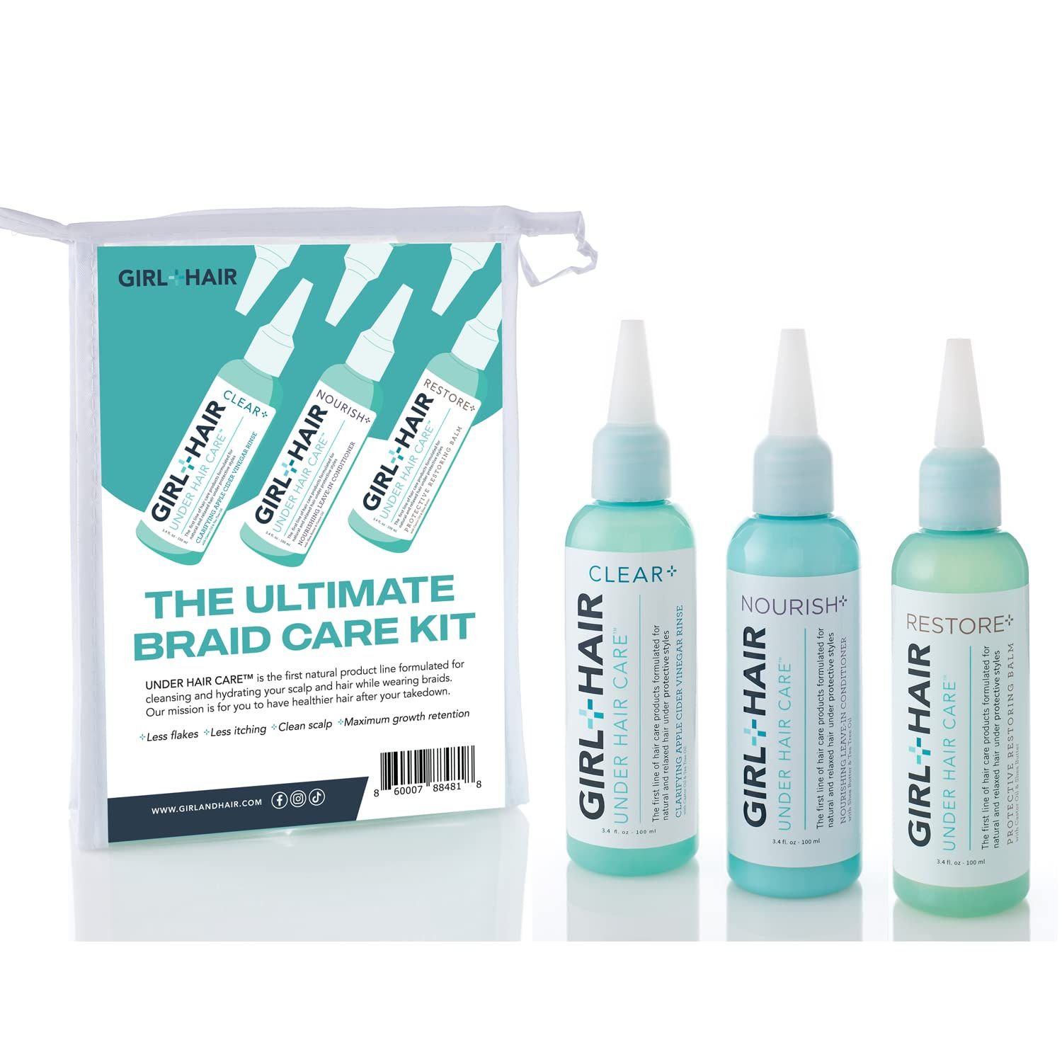 GIRLHAIR Ultimate Braid Care Travel Set Maintain Healthy Hair Scalp with Clear Nourish Restore Maximize Hair Strength TSA Compliant (3 x 3.4 Fl Oz, Leave-In Conditioner, Apple)